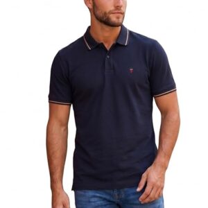 Louis Philippe Men's Slim Fit Single-Tuck Pique Stylized Sleeve Print and Contrast Tipping Half Sleeve Solid Polo Tshirt