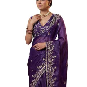 SIRIL Women's Tissue Silk Scalloped Border Embroidery Saree with Unstitched Blouse Piece